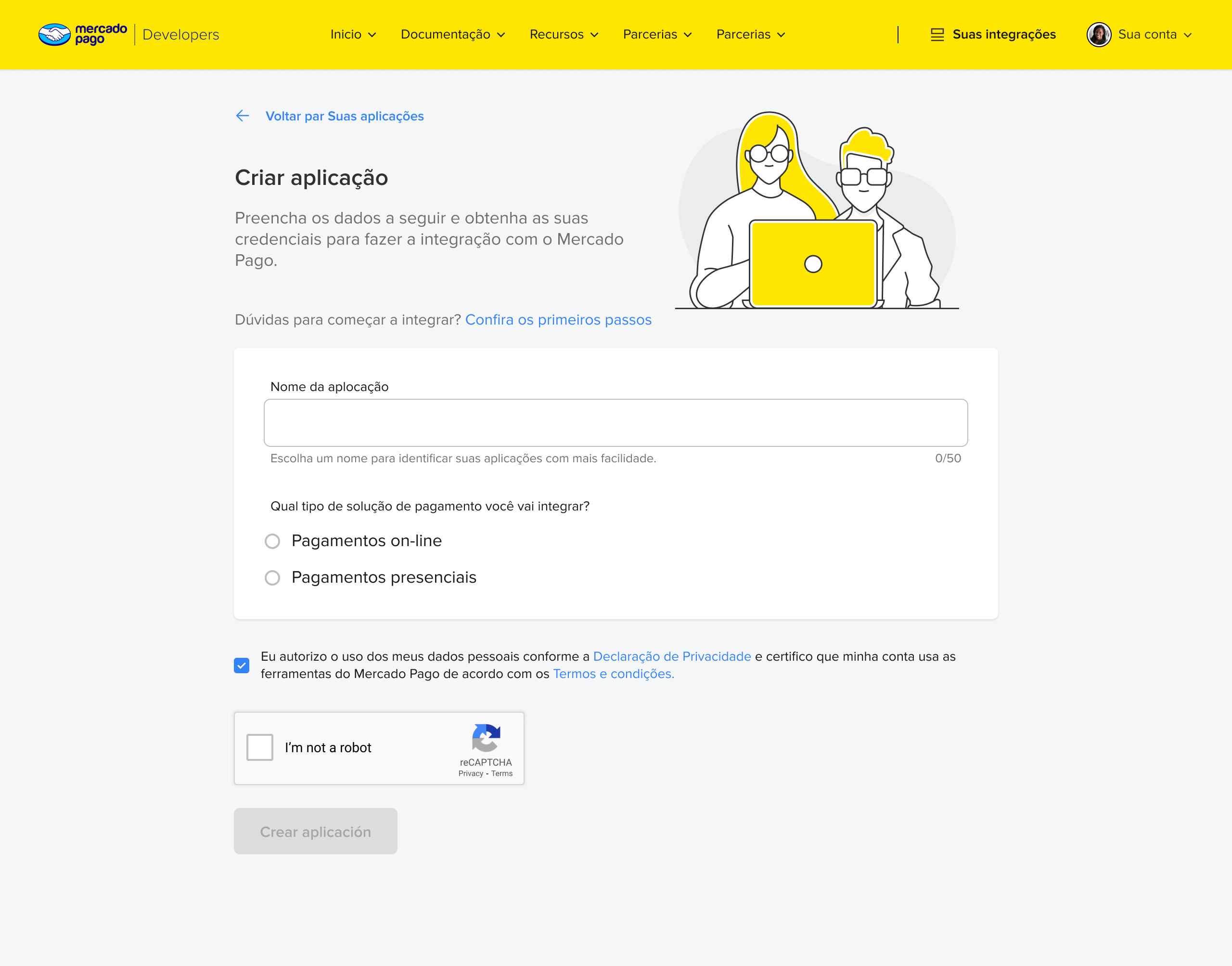 Formulario para criar aplicação